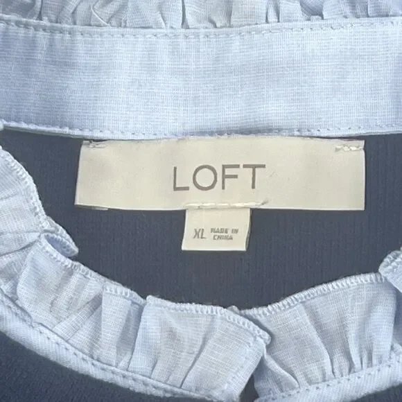 Loft Ruffle Neck Sweater Womens XL Navy Button Up Cardigan Workwear Fall Casual - Picture 10 of 12